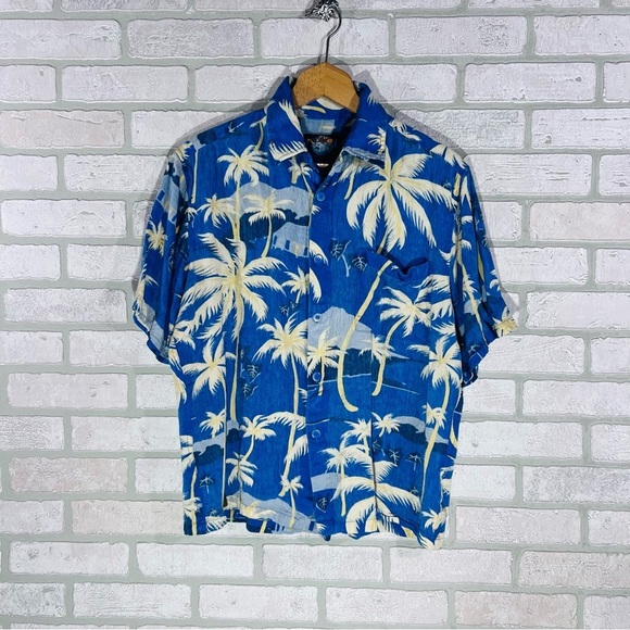 Vintage Jams World Men’s Edition Blue Palm Tree Print Short Sleeve Button Down M - Picture 2 of 6